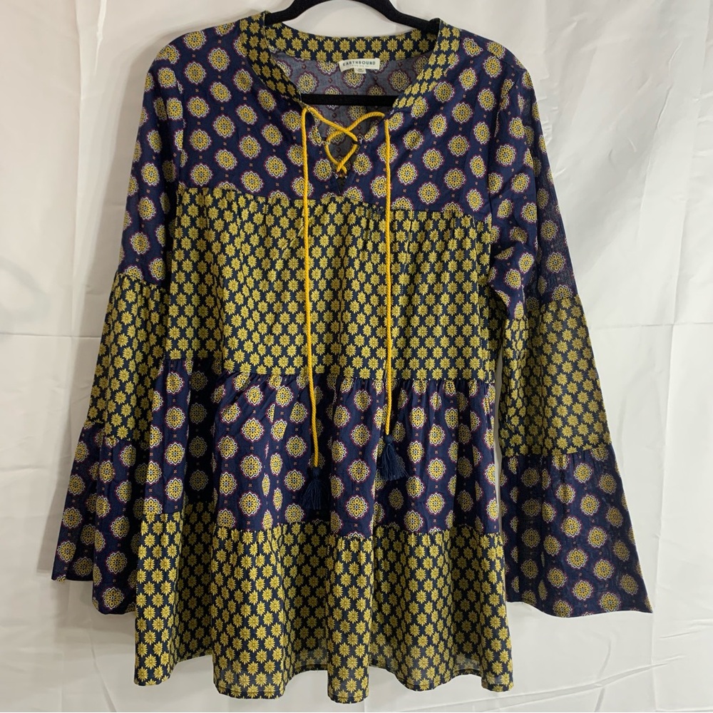 Earthbound Trading Co. Mixed Print Boho Tiered Cotton Navy Peasant Tunic, size M - Picture 2 of 12